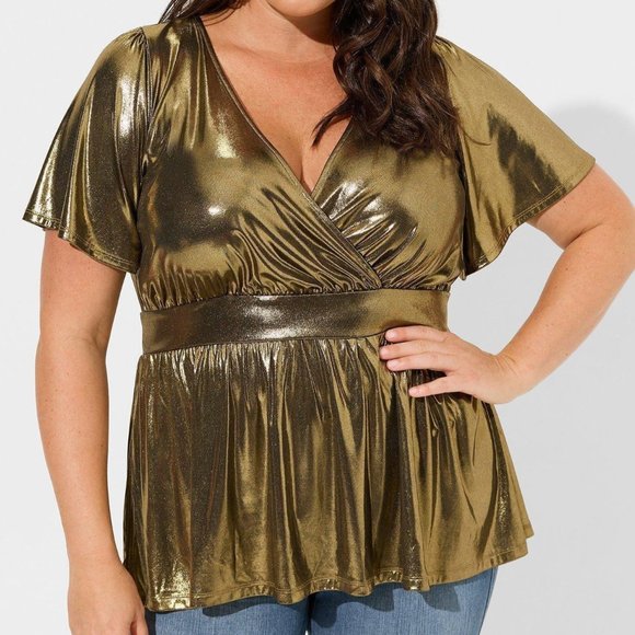 ❤️NWT VINTAGE TORRID PEPLUM TOP - GOLD LIQUID SHINE SURPLICE BLOUSE - PLUS SIZE - Picture 1 of 12